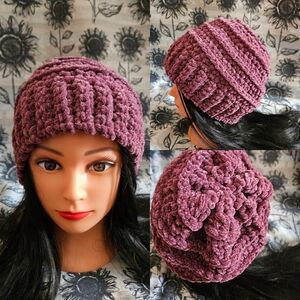 Womens Crochet Thick Purple Beanie Hat